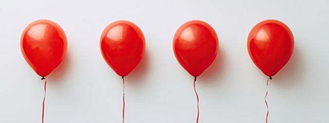 Four identical red balloons are suspended in a row, against a white background