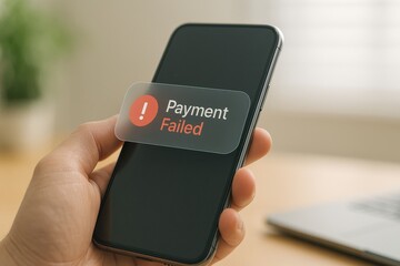 Hand holding smartphone with payment failed warning notification showing transaction error and financial alert  
