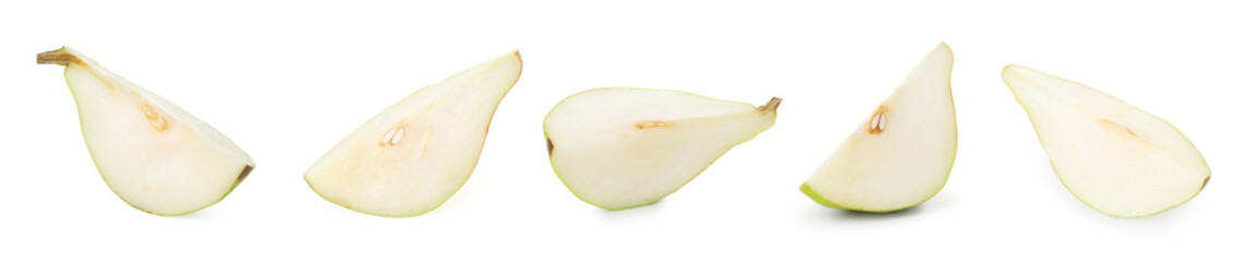 Pieces of fresh pears isolated on white, set