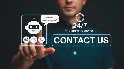 Man interacting with virtual customer service chatbot for 247 online support and assistance showing contact us button