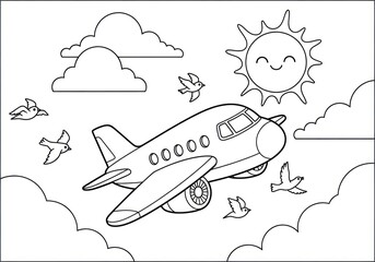 Airplane Coloring Page with Birds, Clouds, and Smiling Sun.