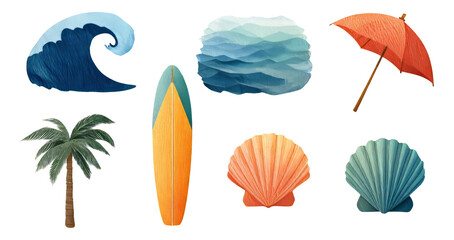 Obraz premium Vibrant Beach Elements Including Waves, Surfboard, Umbrella, Palm Tree, and Shells