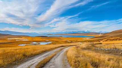 Desert landscape with winding road and distant mountains
