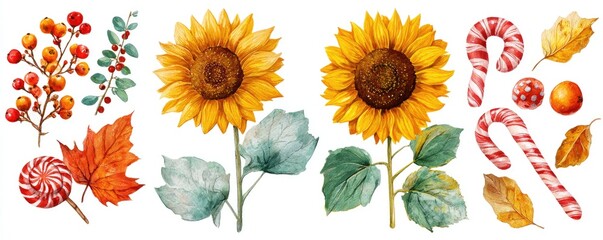 Watercolor illustration of fall and holiday elements, including sunflowers, berries, and candy