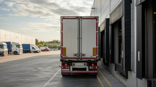 white semi-trailer truck is at warehouse loading dock backed to bay with stacked boxes Other trucks line the distant building Pavement markings guide operations under cloudy sky