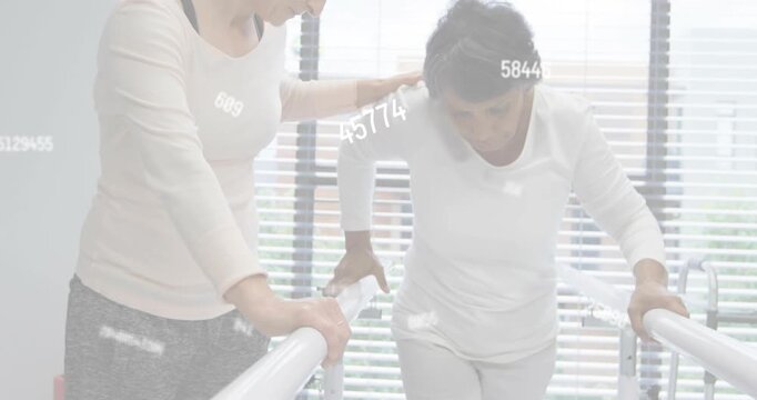 patient gripping parallel bars in rehab, therapist guiding steps with numeric overlay for stability