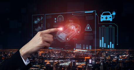 Technical layout of electric vehicle showing battery system, power control, traction motor,...
