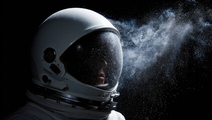 A portrait of an astronaut wearing a white helmet, with ethereal mist billowing on dark background