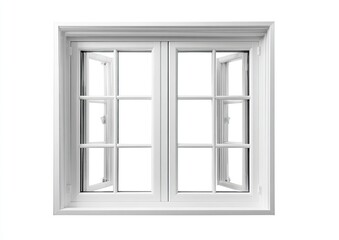 A white double-hung window with a detailed trim, one pane open on each side