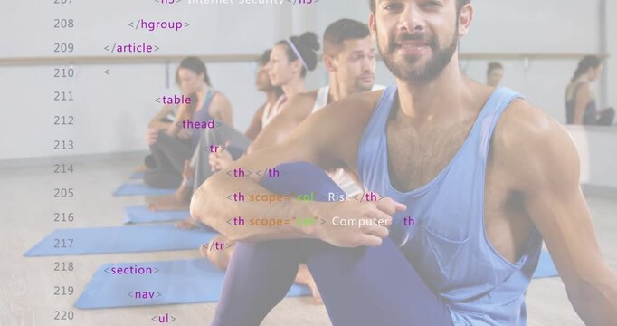 Yoga class holding spinal twist on mats initiating HTML tag overlaying cyber security themes