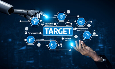 A futuristic digital interface with a robotic hand reaching for various strategic goals, symbolizing ambition, innovation, and achievement in the modern business landscape. Tessel
