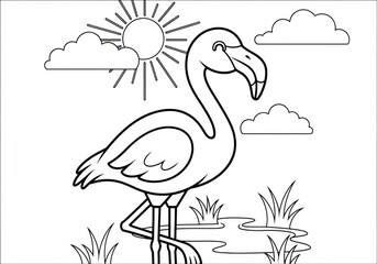 Fototapeta premium Flamingo Coloring Page with Sun and Clouds.