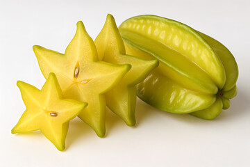 Star fruit carambola slices and whole fruit on white background