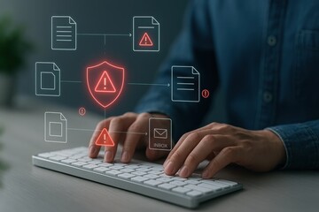 Obraz premium Typing on keyboard with holographic shield and warning triangle showing cybersecurity document protection and threat alert 