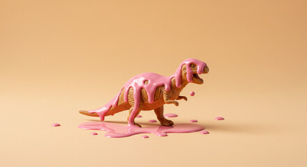 Dinosaur toy covered with pink slime on beige background still life photography and art concept design