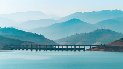Obraz premium Bridge over calm lake with mountain backdrop
