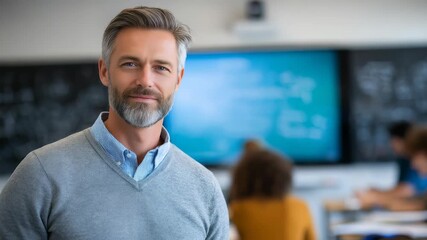 Professional educator exudes confidence, approachability in contemporary classroom setting. Focus is on teacher, while students work together in background, fostering positive learning environment