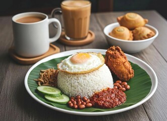 Nasi lemak meal with fried chicken, anchovies, sambal, cucumber, peanuts, and beverages