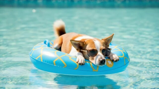 relaxed brown and white dog wears sunglasses floating in bright blue inner tube with yellow patterns eyes closed enjoying the clear turquoise water of swimming pool on sunny day