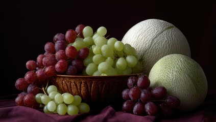 Still life features grapes, melon, and bowl on draped cloth. Deep shadows highlight the fruit