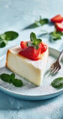 Slice of cheesecake with strawberries and mint on a plate, light blue background
