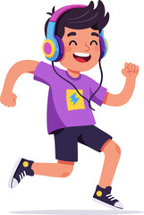 Cartoon Illustration of a Happy Boy Running with Headphones On