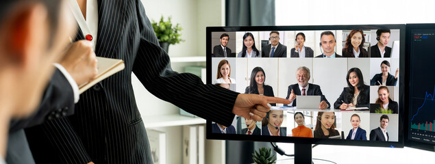 Business people on video conference for brisk virtual group meeting of corprate business office workers