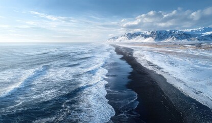 Aerial view of a black sand beach, waves crashing, snowy mountains, and a clear blue sky