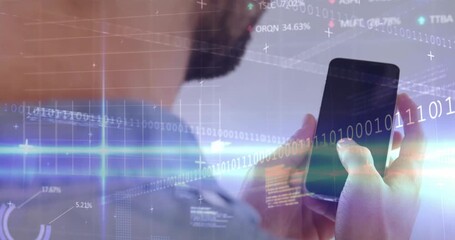 Starting with dark screen, man tapping phone and scrolling binary code and charts showing analytics