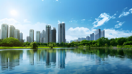 Fototapeta premium City skyline reflected in lake