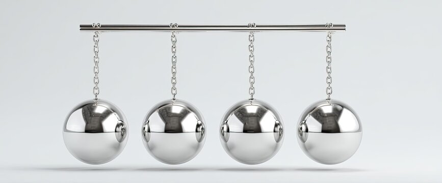 A row of four reflective metal spheres suspended by chains, a physics concept demonstration - Powered by Adobe