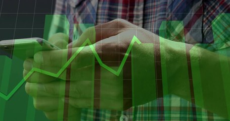 Man tapping smartphone screen and swiping updating finance bar chart and line graph for live data - Powered by Adobe