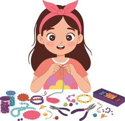 Flat Cartoon Young Girl Making Jewelry Beads Crafts Illustration