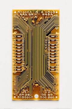 Close-up of a golden circuit board, showing intricate traces and components