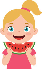 Obraz premium Flat Cartoon Illustration Little Girl Holding Watermelon Slice Fresh Fruit