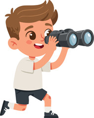 Cartoon Style Adorable Boy Using Binoculars Exploring Adventure Illustration