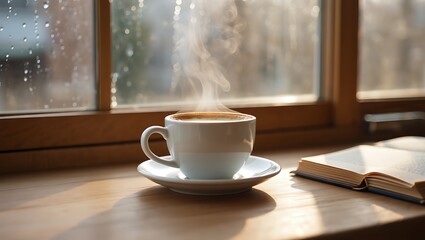Warm coffee beside open book