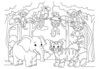 Jungle animals coloring page with elephant tiger and monkeys.