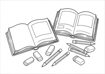 Open books with pencils and erasers line art illustration.