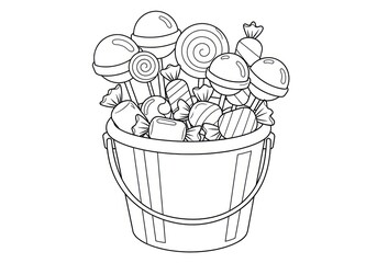 Bucket of assorted candies and lollipops, black and white illustration.
