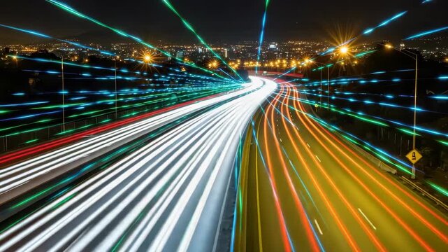 Dynamic night long-exposure captures multi-lane highway with vibrant white and red light trails from vehicles Abstract blue and green streaks converge toward brightly lit urban skyline symbolizing dat