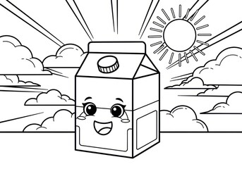 Happy Milk Carton Under Sunny Sky Coloring Page.