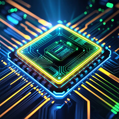The macro view of a digital circuit board shows computer technology with electronic chips and a processor on the PCB hardware