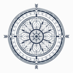 Obraz premium Ornate Circular Geometric Design with Floral and Arrow Elements in Blue and White