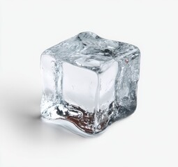 Obraz premium A single, crystalline ice cube, slightly melted on the edges, set against a white backdrop