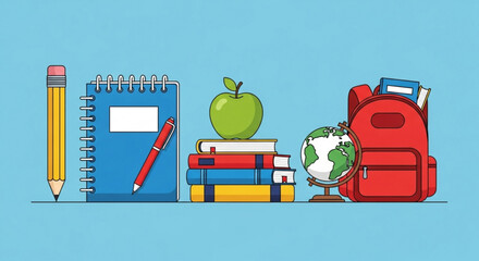 Illustration showing school supplies including a pencil notebook pen apple books globe and backpack on blue background