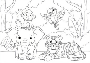 Jungle Animals Coloring Page - Elephant, Monkey, Tiger, and Parrot.