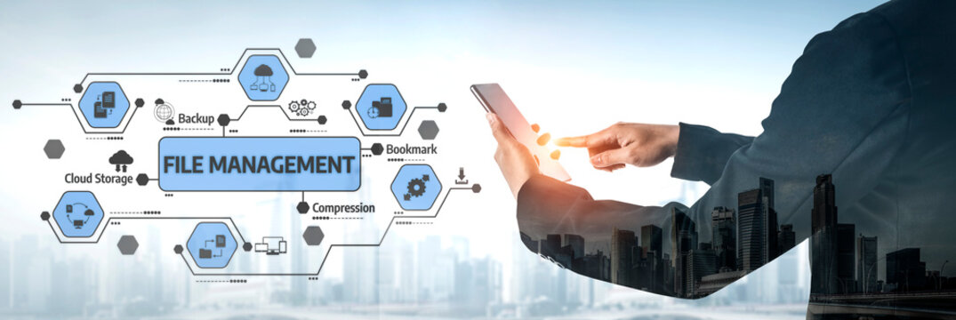 A professional setting showcasing modern file management solutions with digital icons for cloud storage, backup, and compression, emphasizing efficiency and organization. Tessel