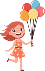 Cheerful Cartoon Girl Holding Bunch of Colorful Balloons Celebration Illustration