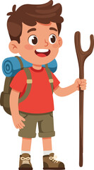 Cartoon Happy Little Boy Hiking with Backpack Outdoor Illustration